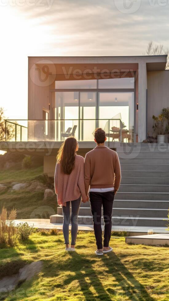 Young couple standing together looking at their new modern home with excitement and satisfaction. . photo