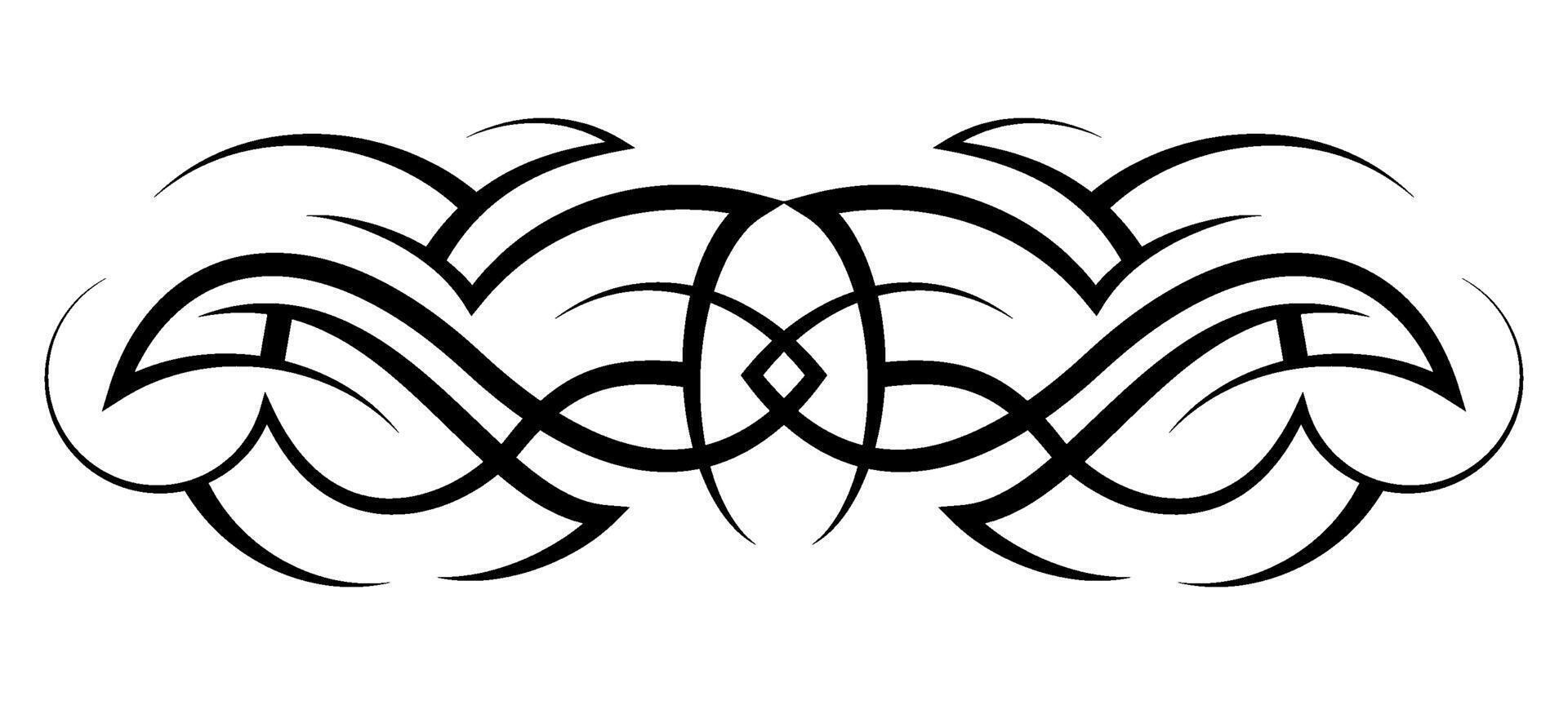 Neo abstract tribal tattoo. Horizontal black shoulder tattoo. Cyber sigilism style hand drawn ornament. Celtic gothic sleeve ornament shapes. Maori ethnic figure isolated on white background. Sketch vector