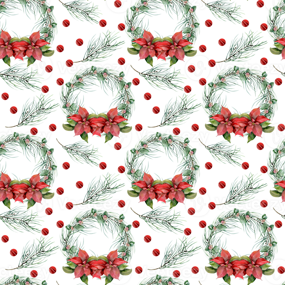 Christmas winter holidays seamless pattern with red flower poinsettia, leaves, pine branches wreath and red decor.Hand drawn new year background with for packing, gift box, wrapping paper,wall design. png