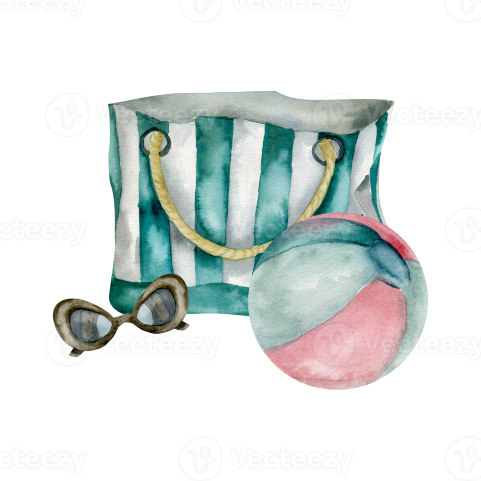 Summer women striped beach bag with black sunglasses and colorful retro ball watercolor illustration. Hand drawn hot vacation composition, tropical sea rest. Poster, travel agency card, invitation png