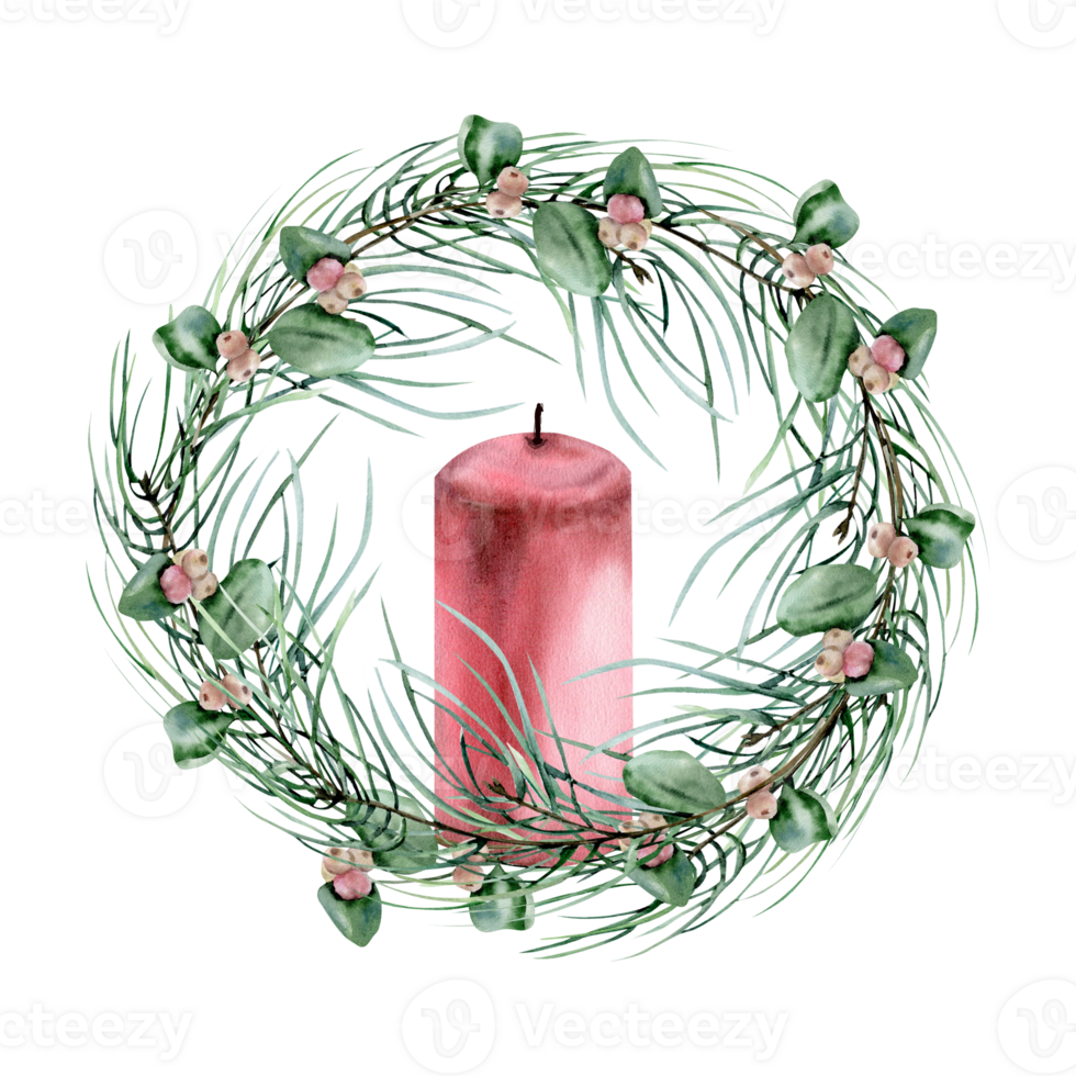 Traditional Christmas wreath with green pine branches, snow berries and red candle watercolor illustration. Hand drawn winter new year celebration element for greeting card, invitation, poster design png