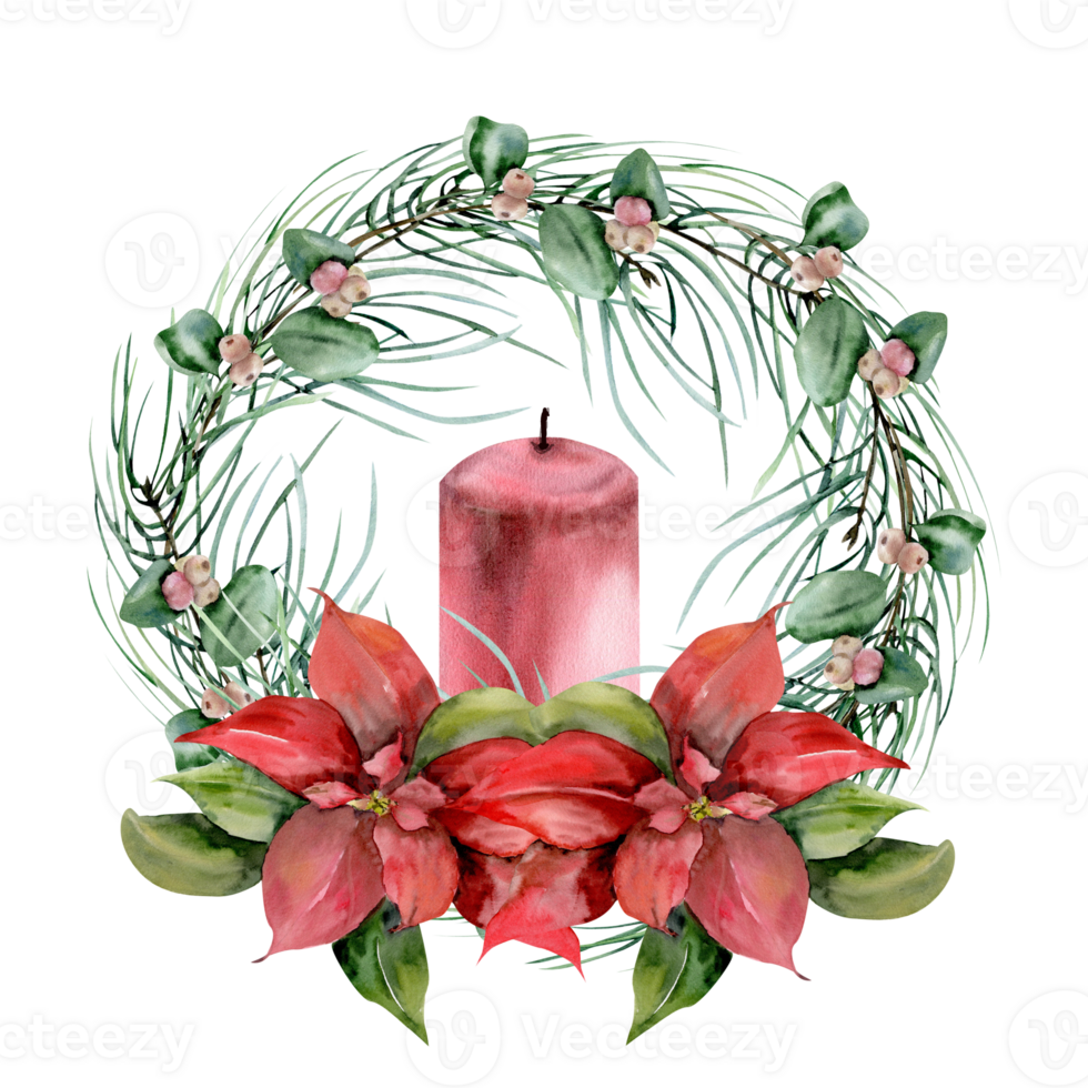 Christmas wreath with red wax candle,pine branches, snow berries and red traditional flower poinsettia watercolor illustration.Hand drawn winter new year element, holly decor, invitation,card png