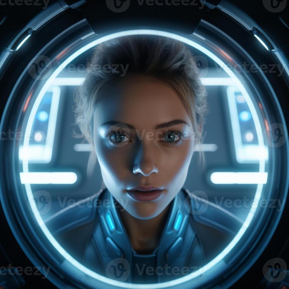Portrait of a woman in a spaceship. . photo