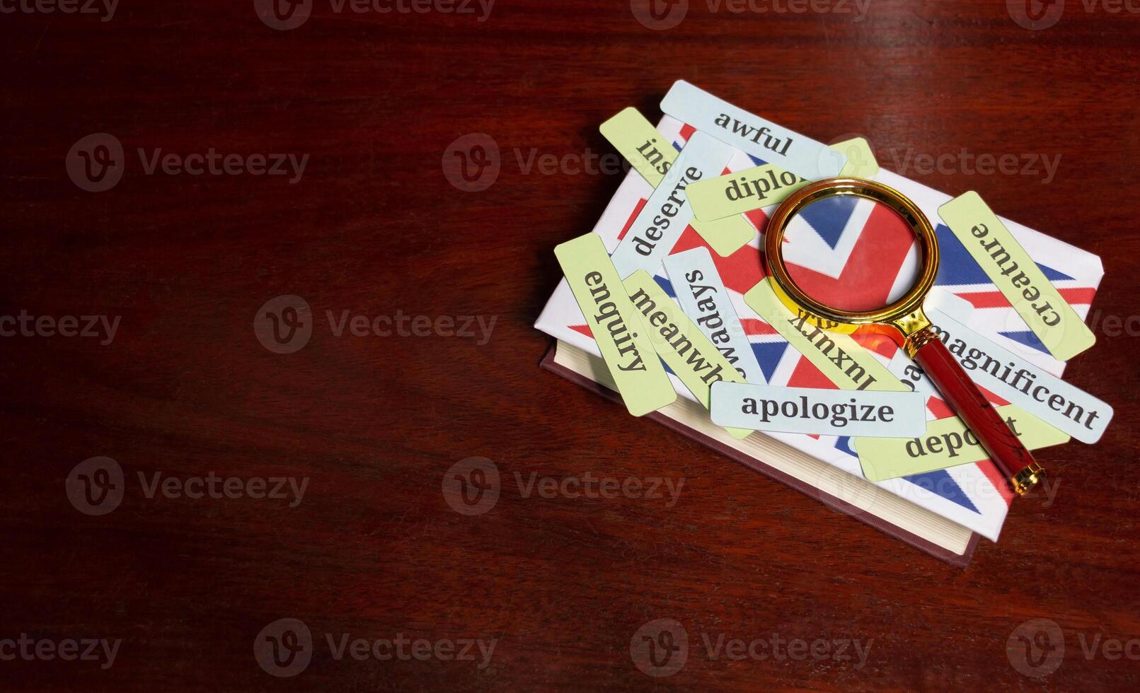 English vocabulary cards on wooden table photo