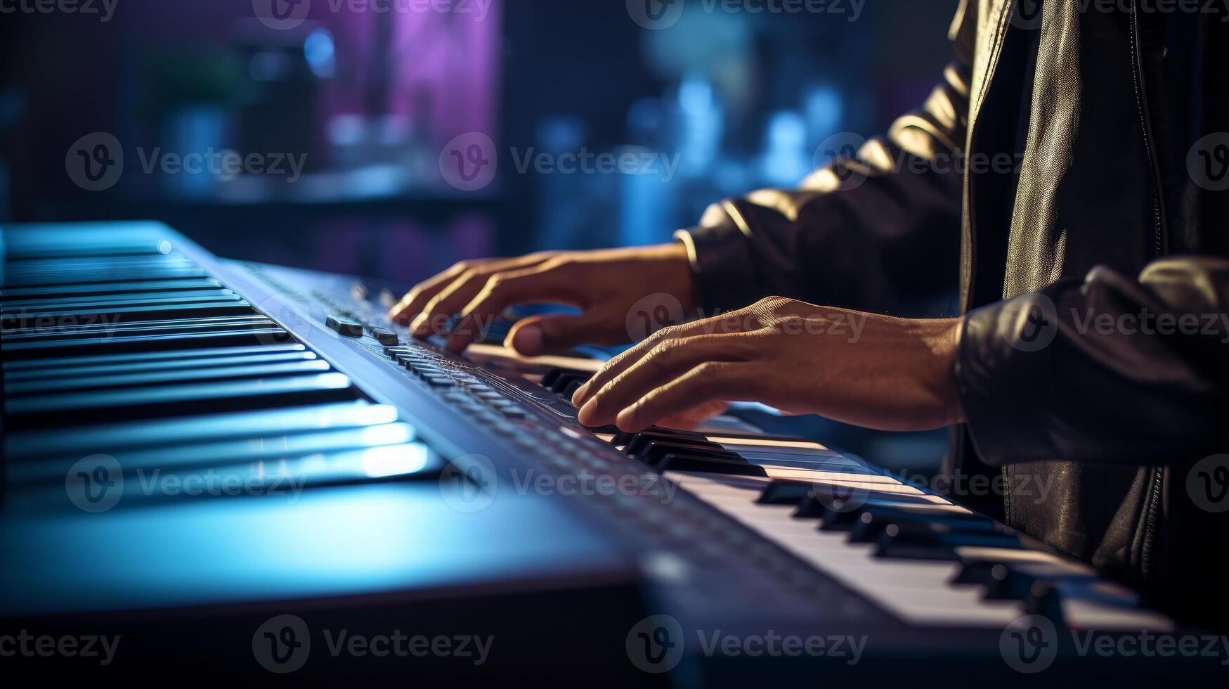 Musician playing keyboard with copy space. . photo