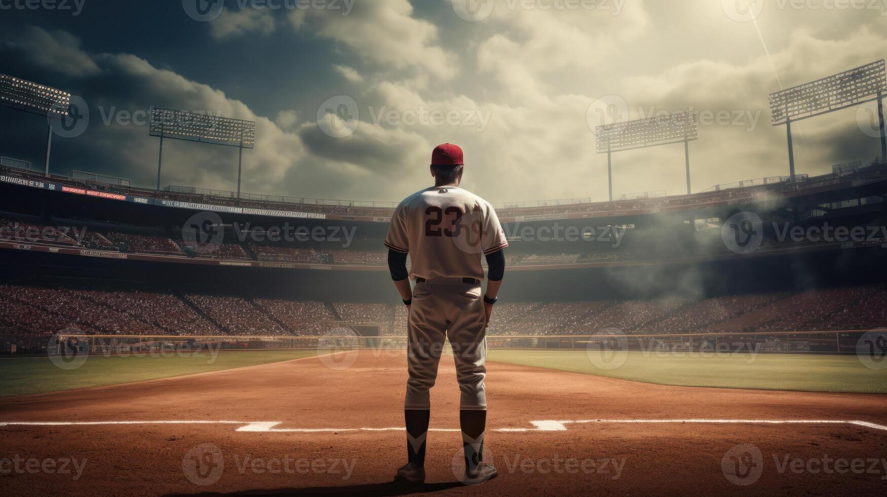 Baseball player in baseball arena stadium with copy space. . photo