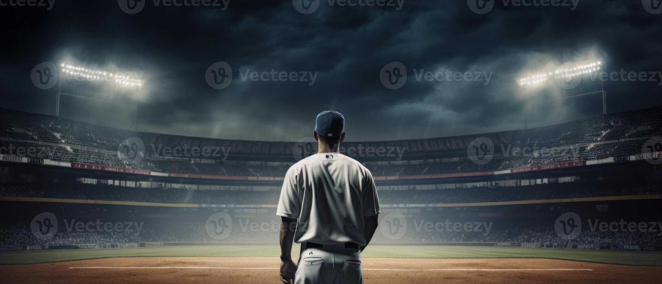 Baseball player in baseball arena stadium with copy space. . photo