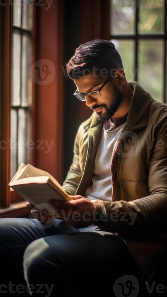 Person engrossed in reading book. . photo