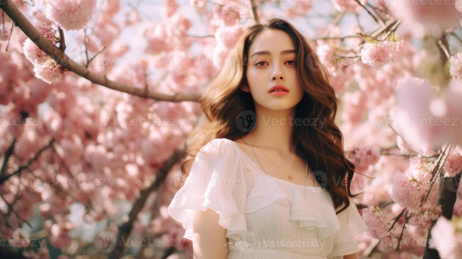 Beautiful girl near pink cherries in the garden. . photo