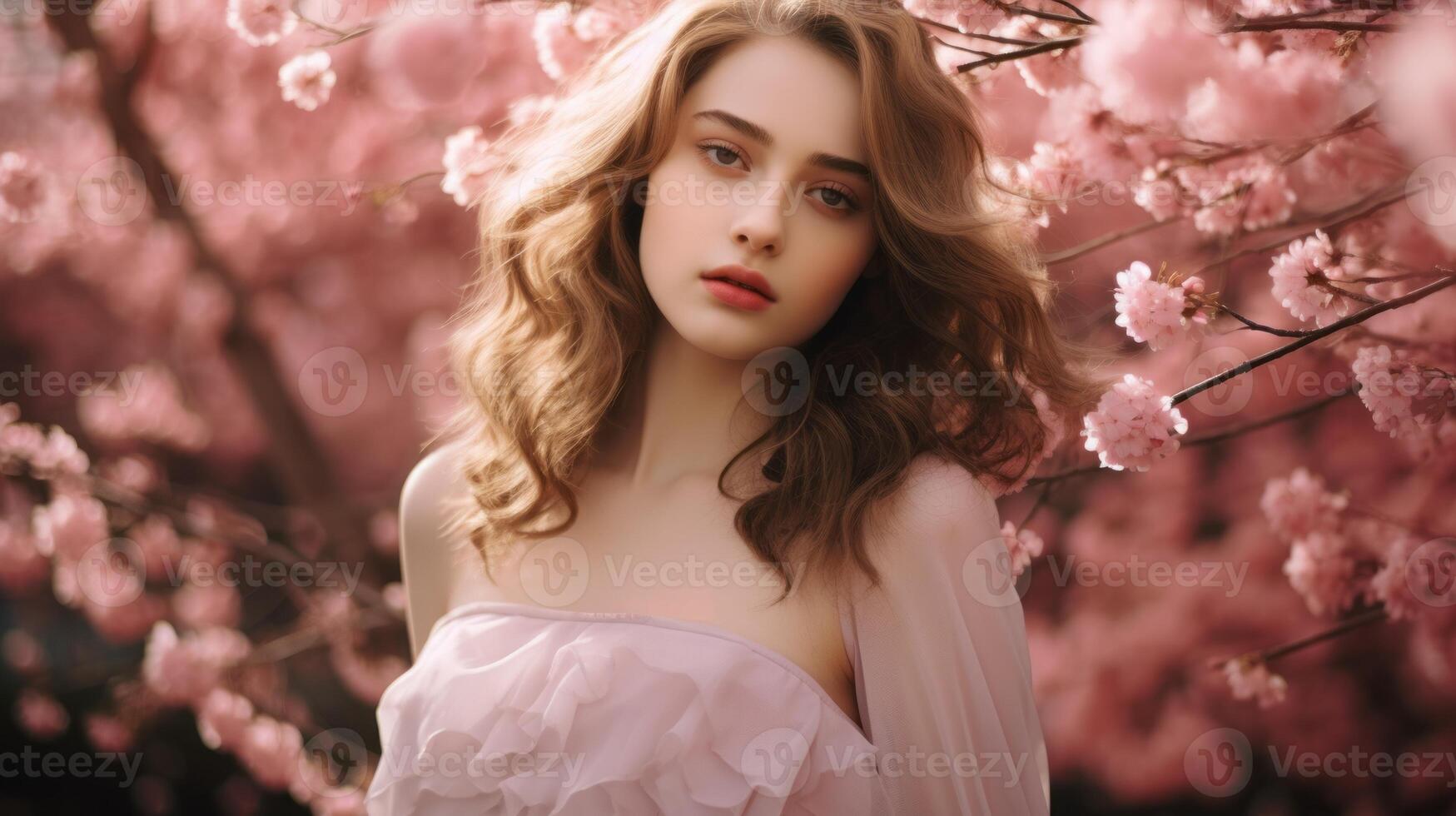 Beautiful girl near pink cherries in the garden. . photo