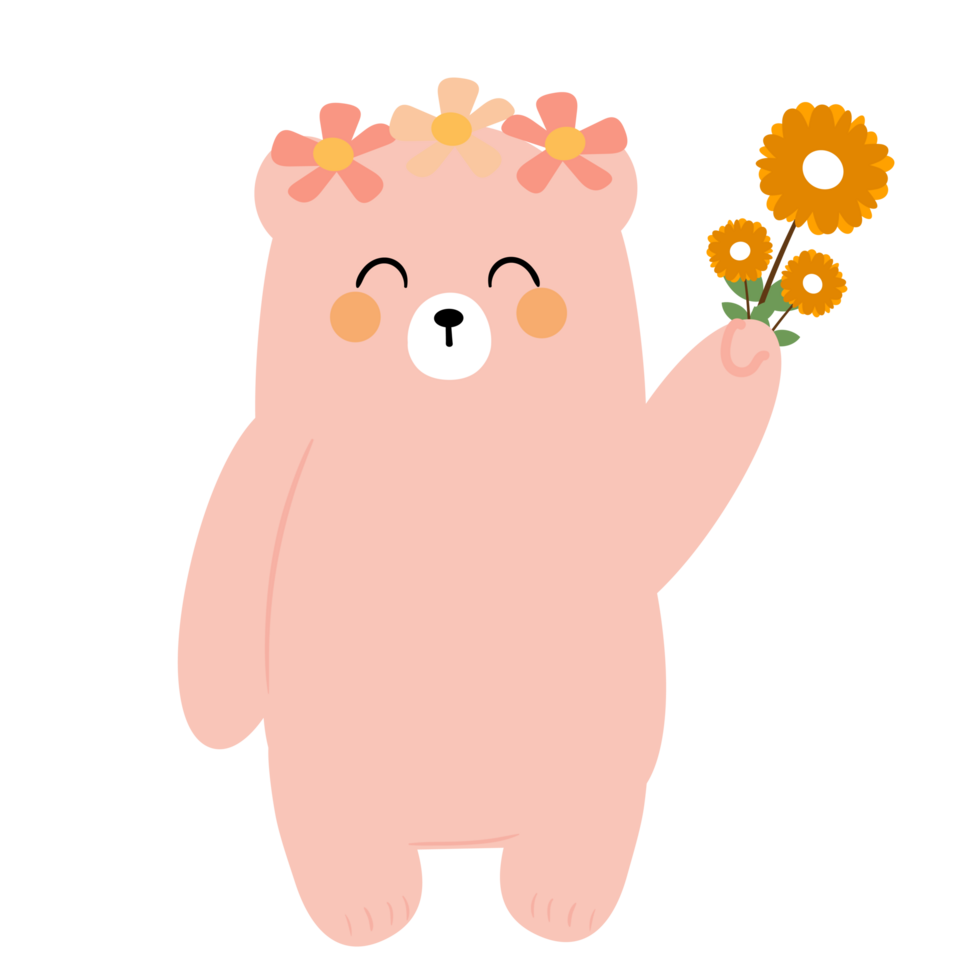 Illustration of a scene of a cartoon bear holding flowers with cute handwriting. cute bear wallpapers, backgrounds and cards png