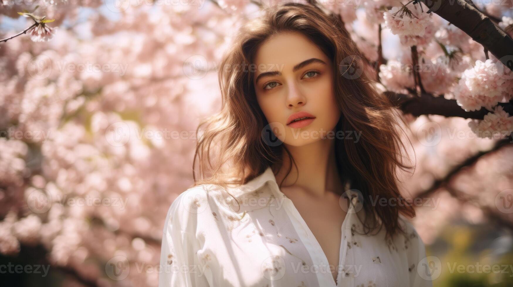 hermosa niña cerca rosado cerezas en el jardín. . foto