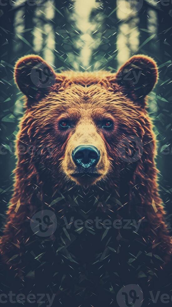 Portrait of a majestic face of a bear on the background of a forest. . photo