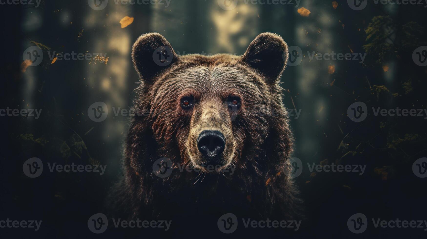 Portrait of a majestic face of a bear on the background of a forest. . photo
