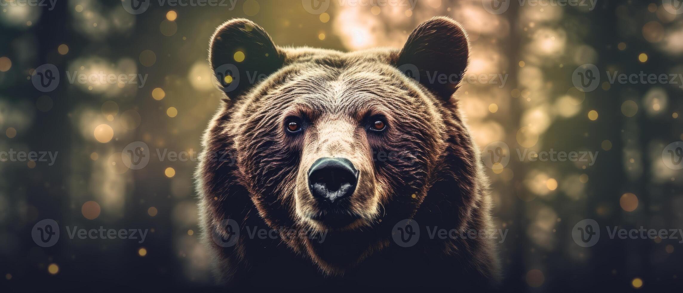 Portrait of a majestic face of a bear on the background of a forest. . photo