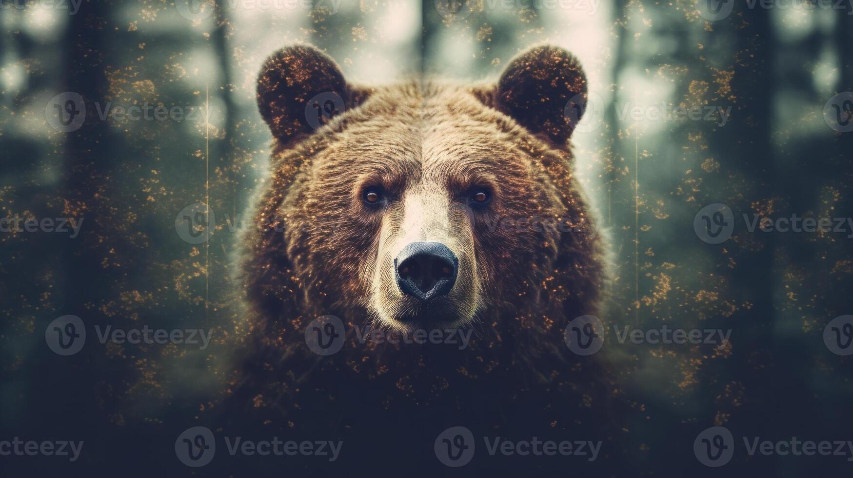 Portrait of a majestic face of a bear on the background of a forest. . photo