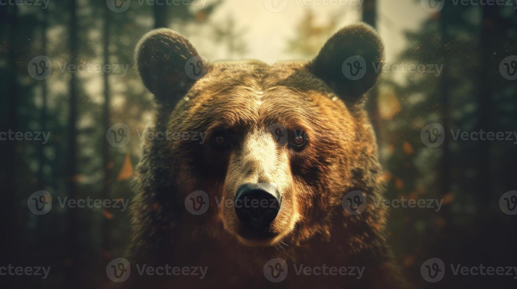 Portrait of a majestic face of a bear on the background of a forest. . photo