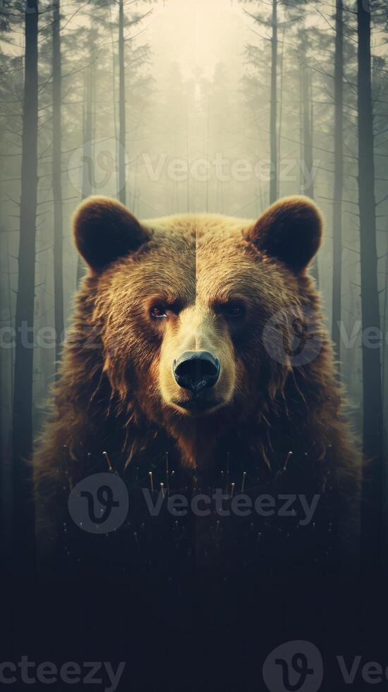Portrait of a majestic face of a bear on the background of a forest. . photo