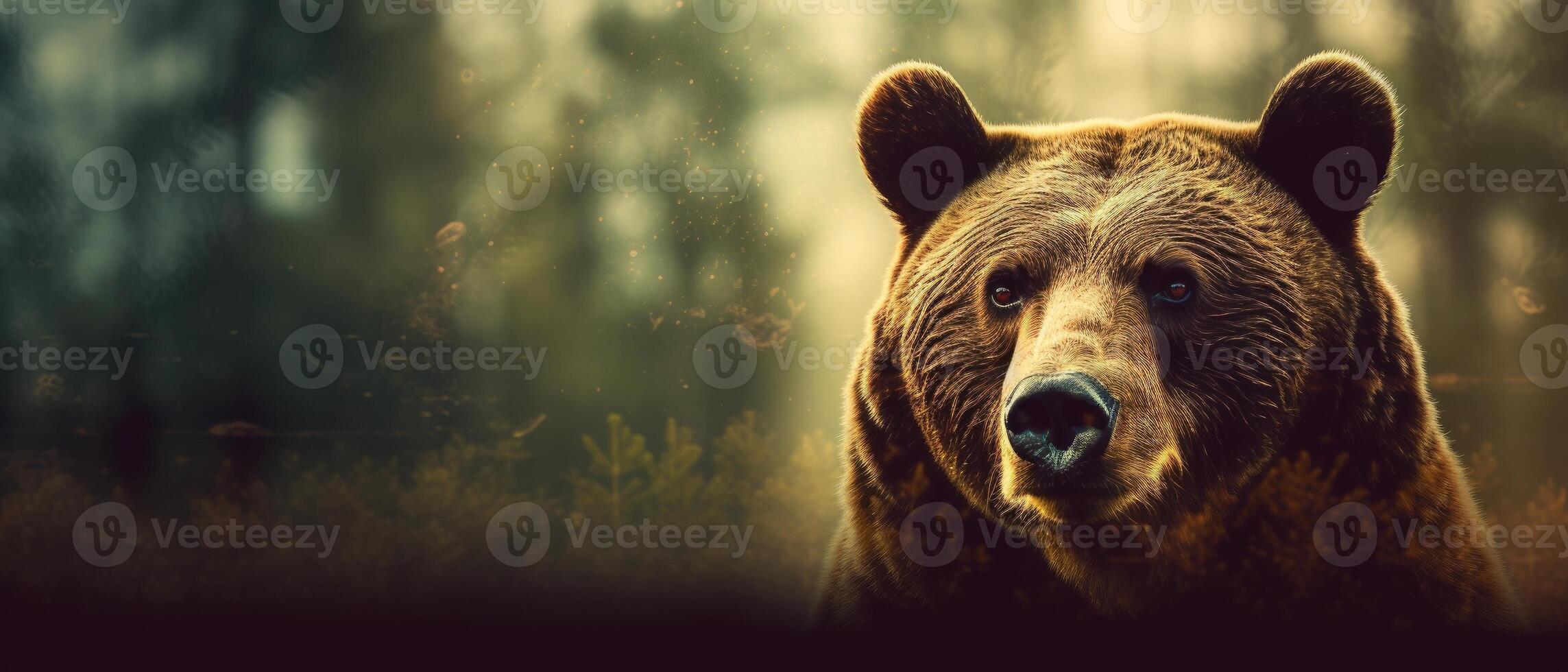 Portrait of a majestic face of a bear on the background of a forest. . photo
