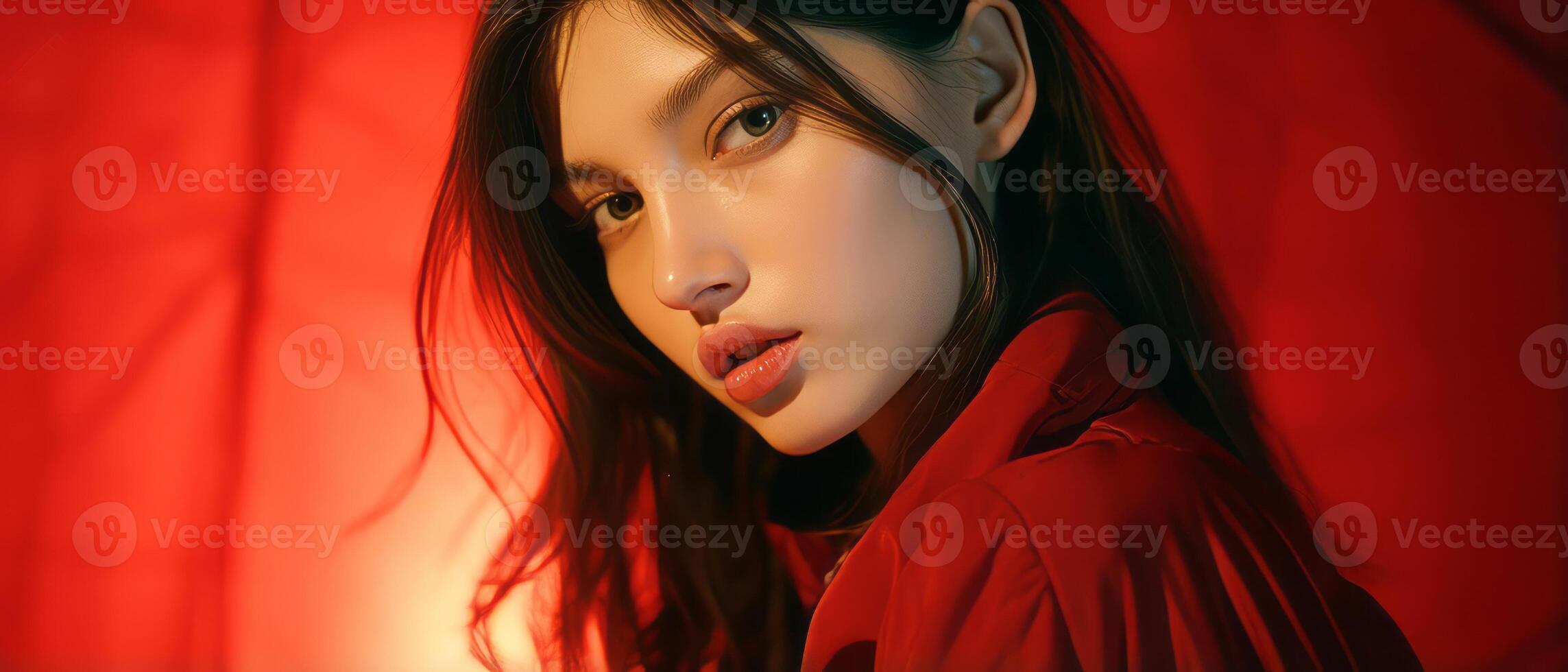 hermosa niña en un rojo antecedentes. el niña en rojo. . foto