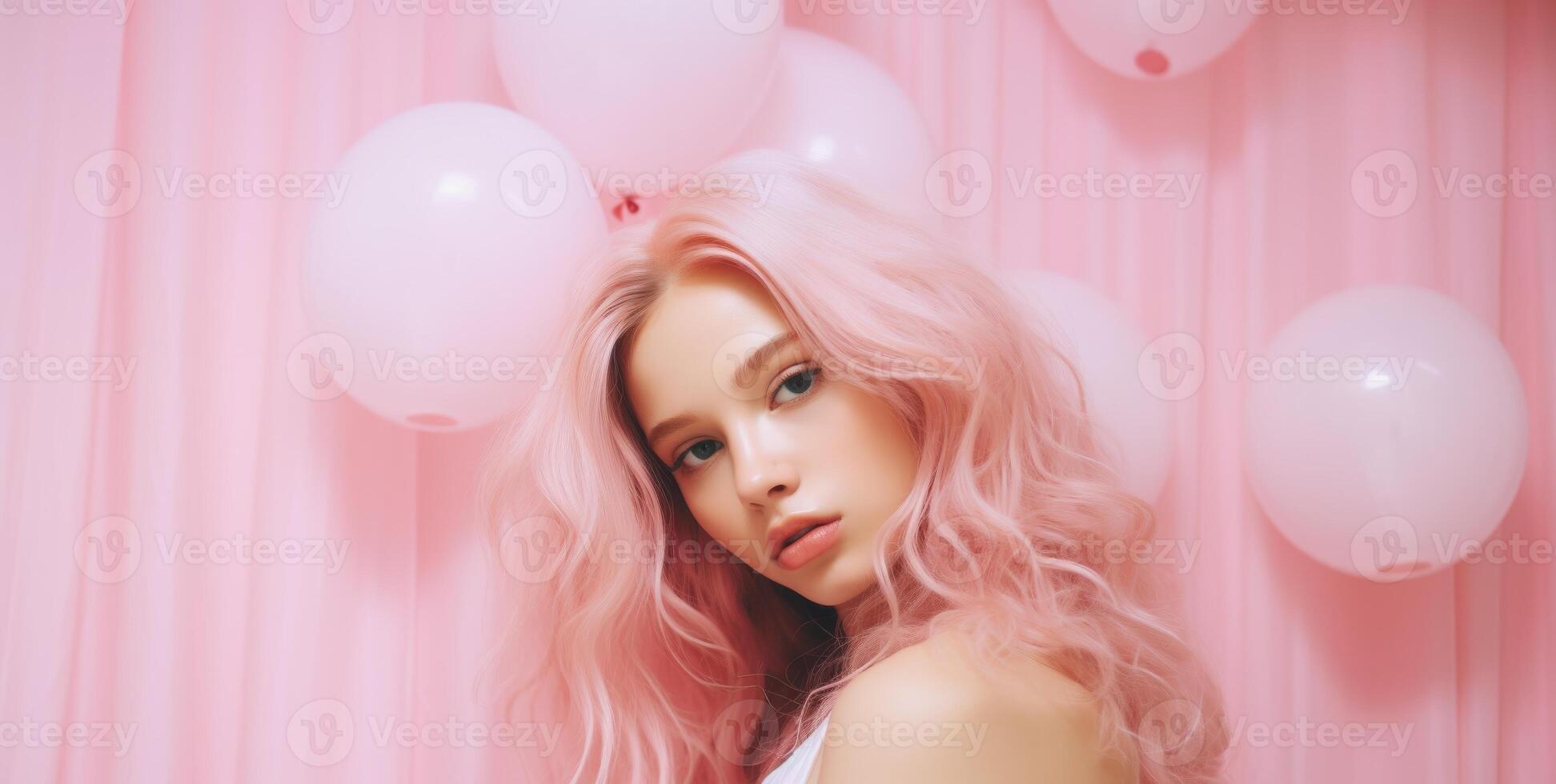 Beautiful girl on a pink background. The girl in pink. . photo