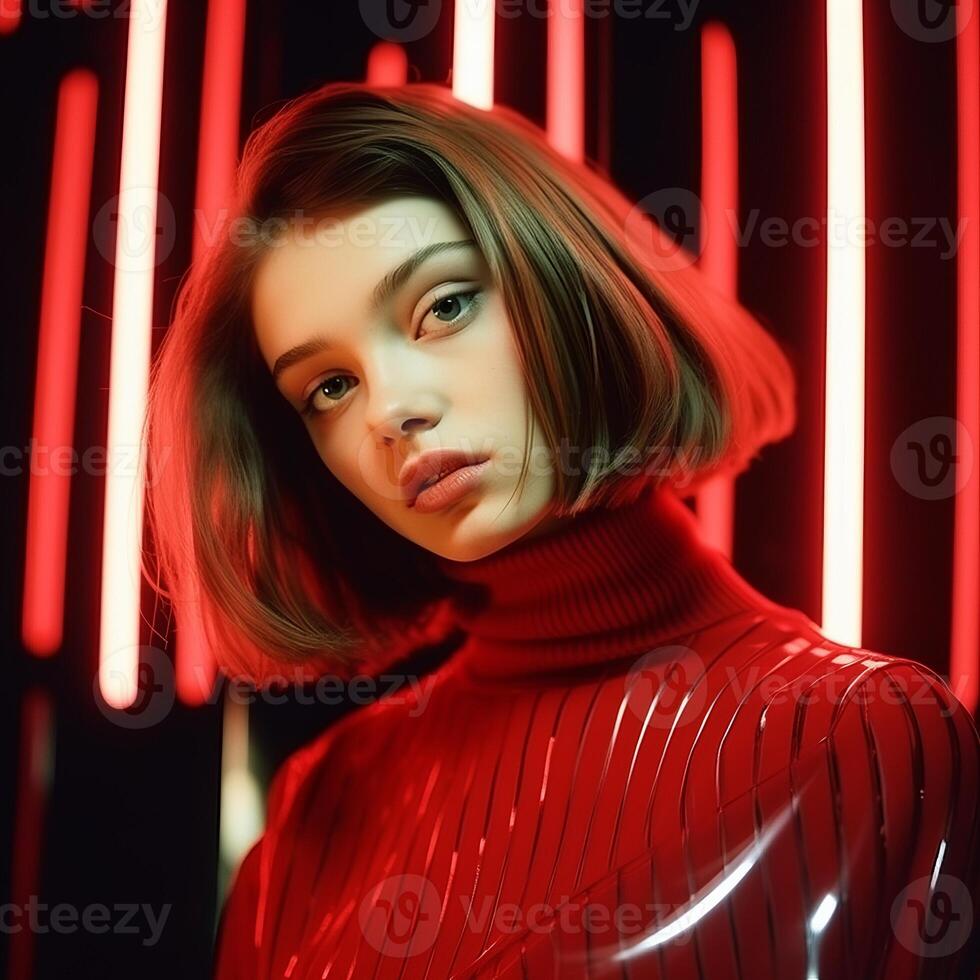 Beautiful girl on a red background. The girl in red. . photo