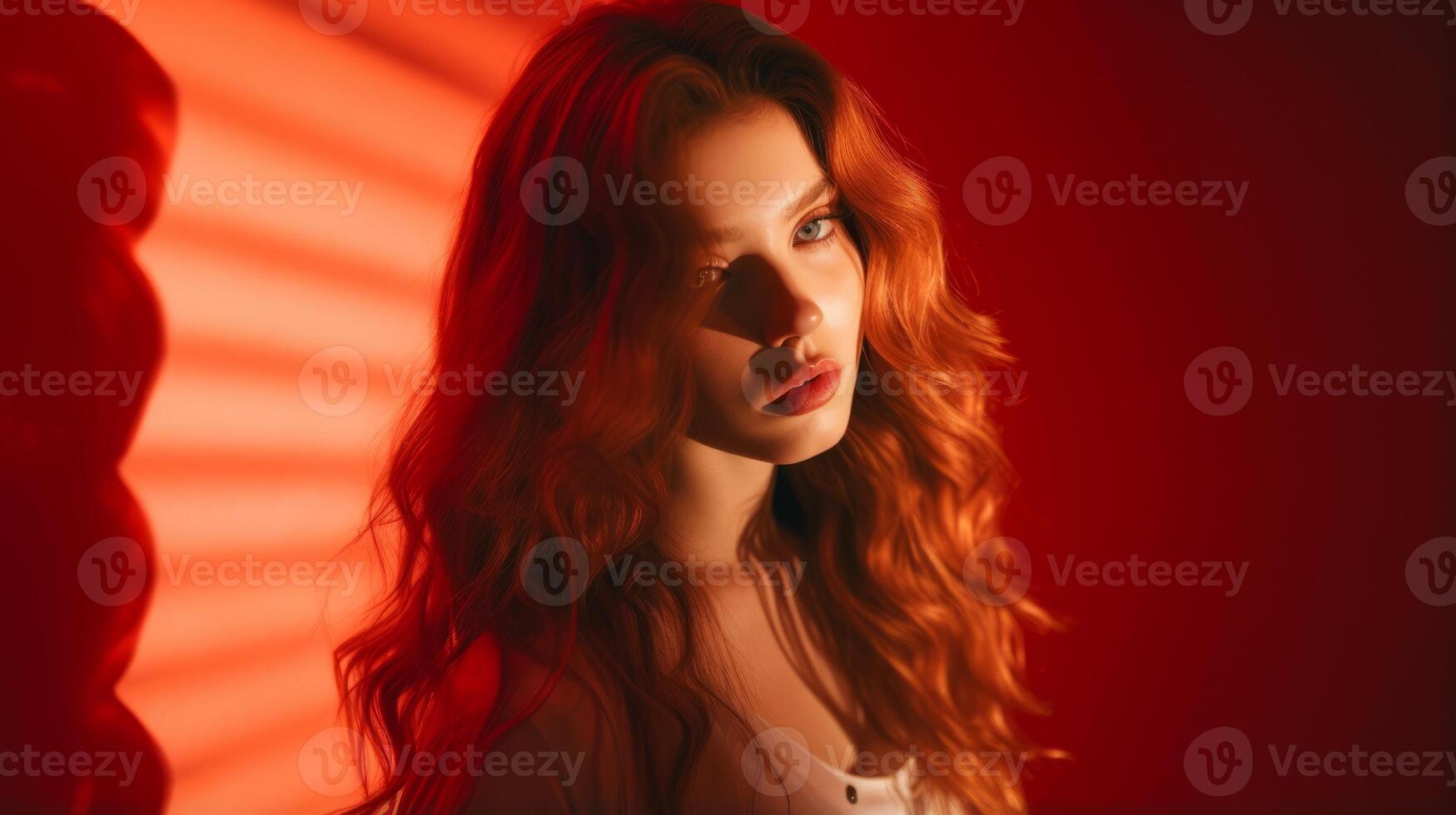 Beautiful girl on a red background. The girl in red. . photo