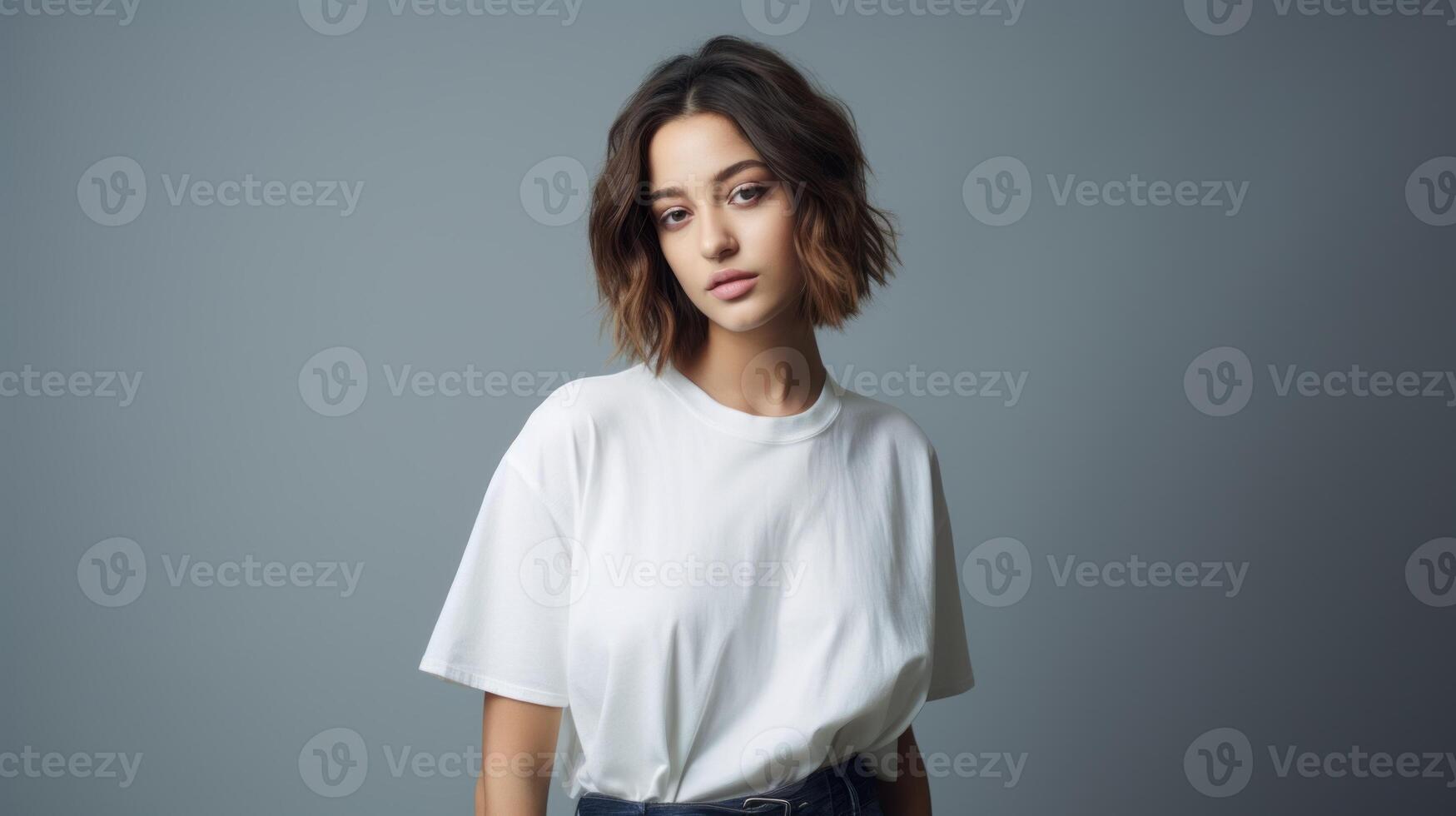 A girl in a plain white T-shirt. photo