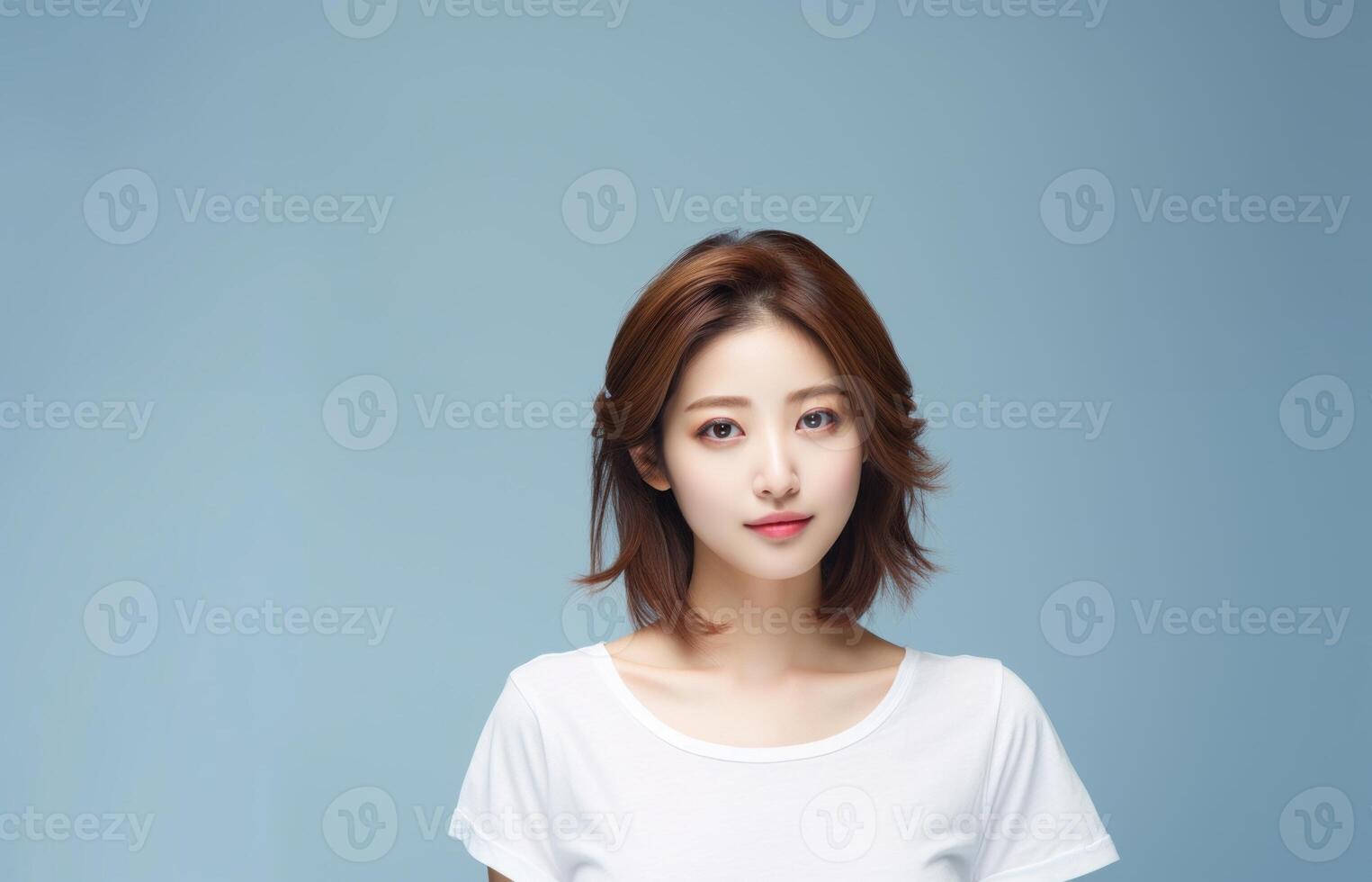 A girl in a plain white T-shirt. photo