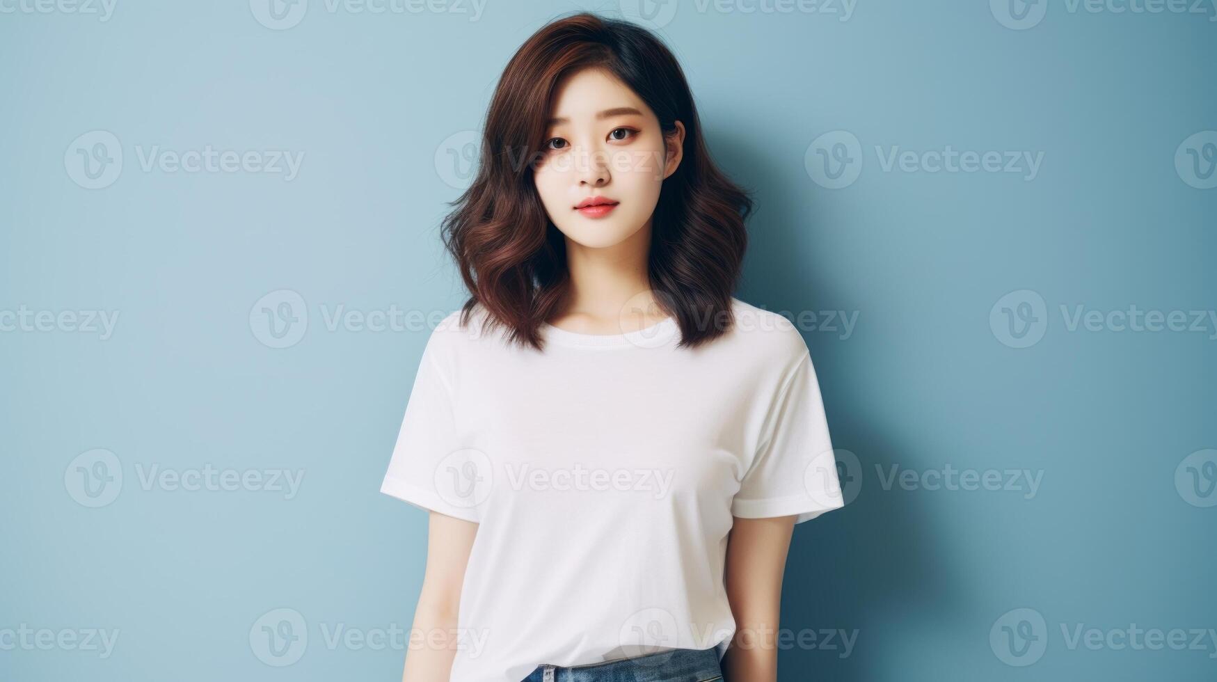 A girl in a plain white T-shirt. photo