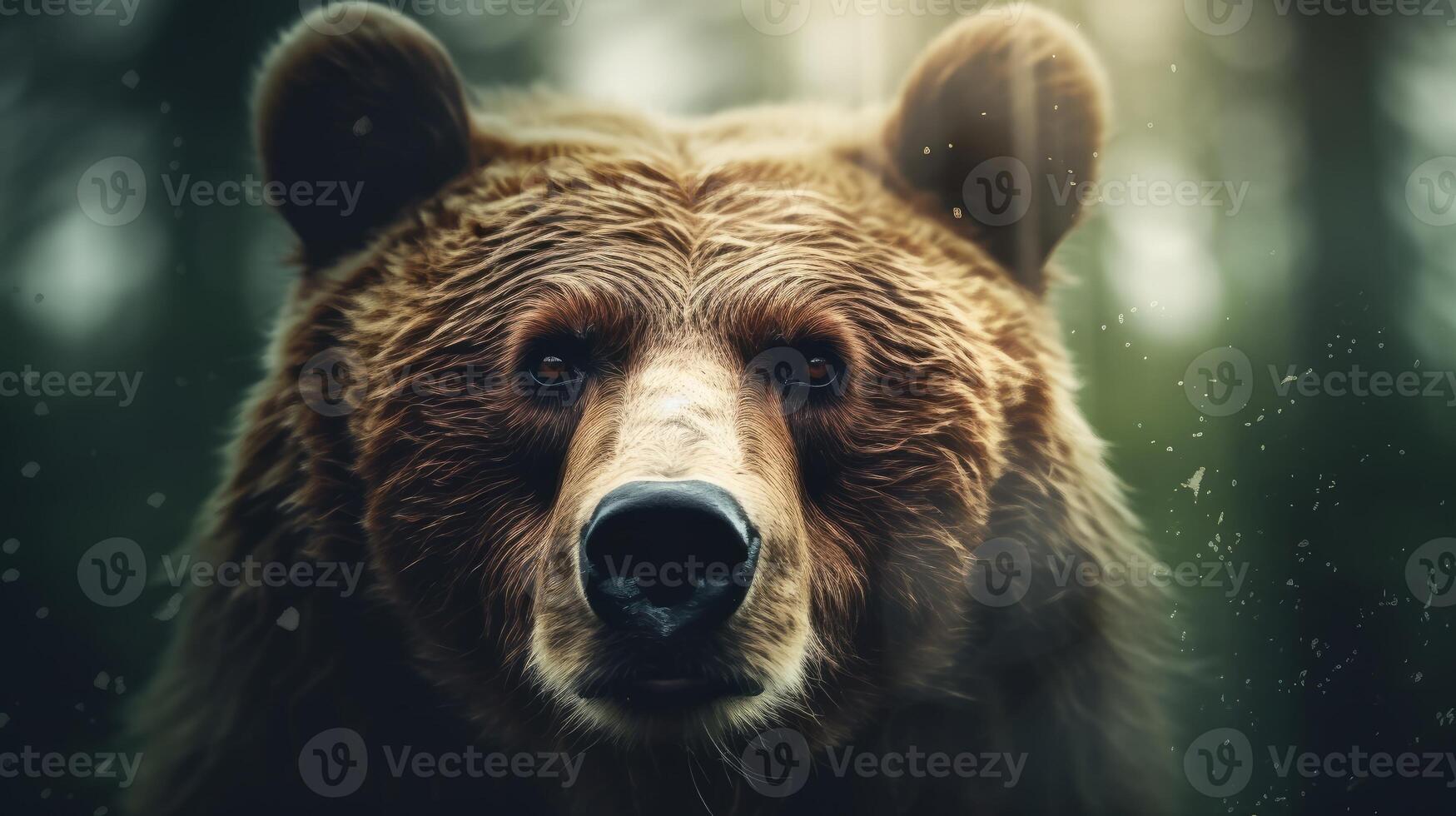 Portrait of a majestic face of a bear on the background of a forest. . photo