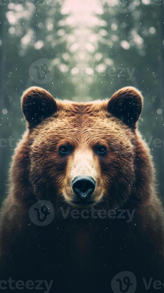 Portrait of a majestic face of a bear on the background of a forest. . photo