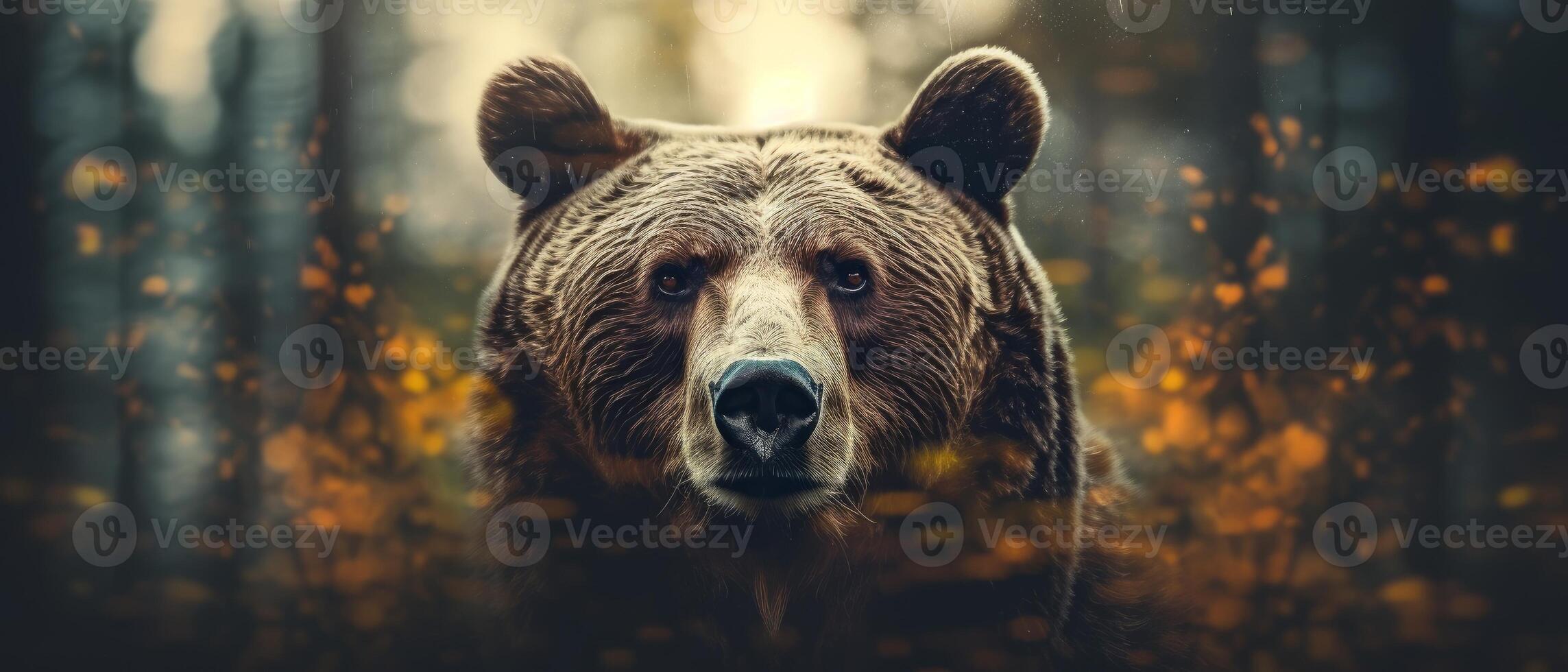 Portrait of a majestic face of a bear on the background of a forest. . photo