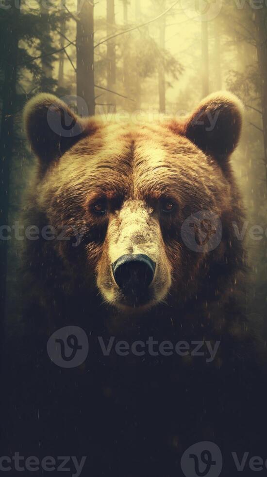 Portrait of a majestic face of a bear on the background of a forest. . photo