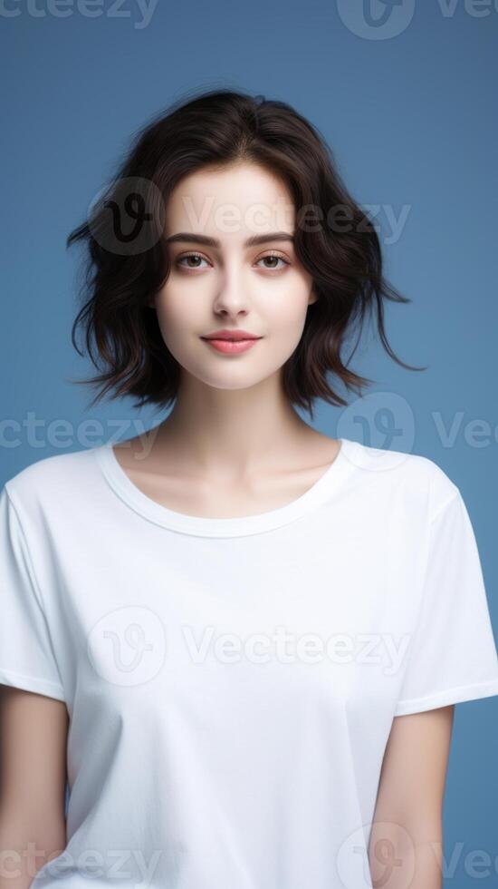 A girl in a plain white T-shirt. photo
