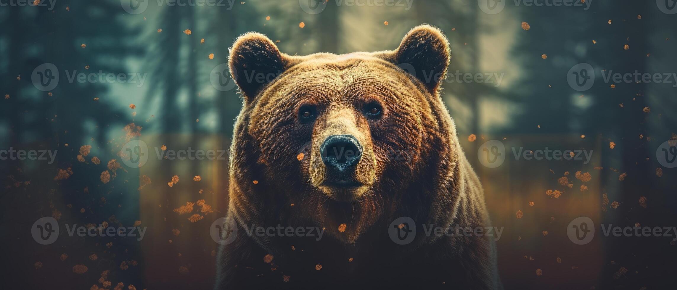 Portrait of a majestic face of a bear on the background of a forest. . photo