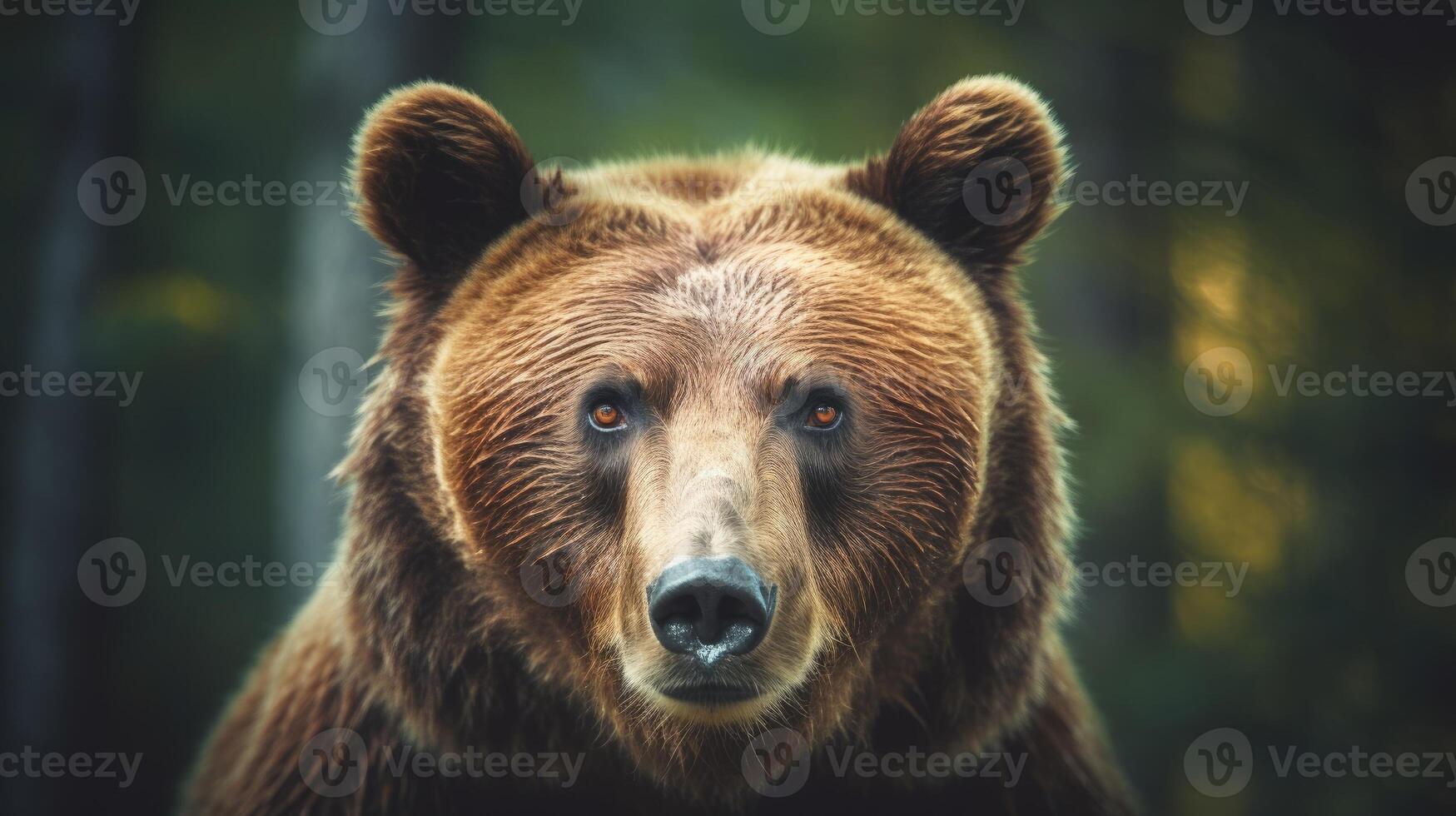 Portrait of a majestic face of a bear on the background of a forest. . photo