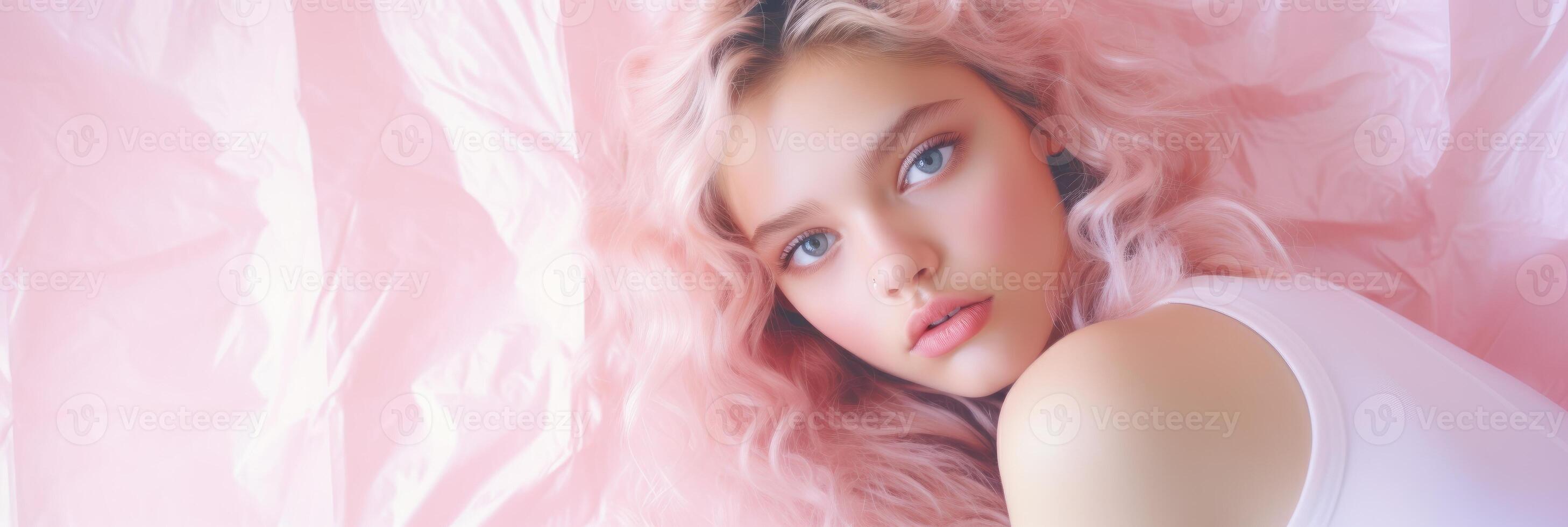 Beautiful girl on a pink background. The girl in pink. . photo