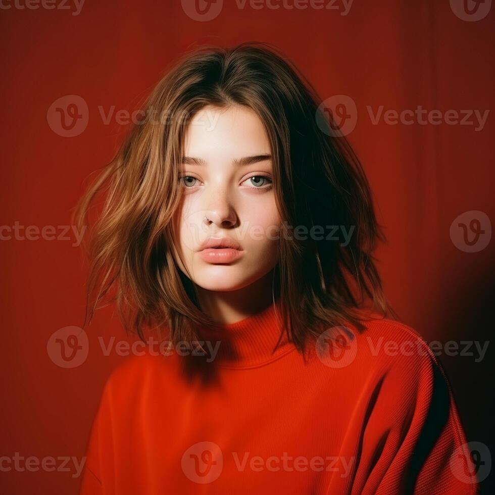 Beautiful girl on a red background. The girl in red. . photo