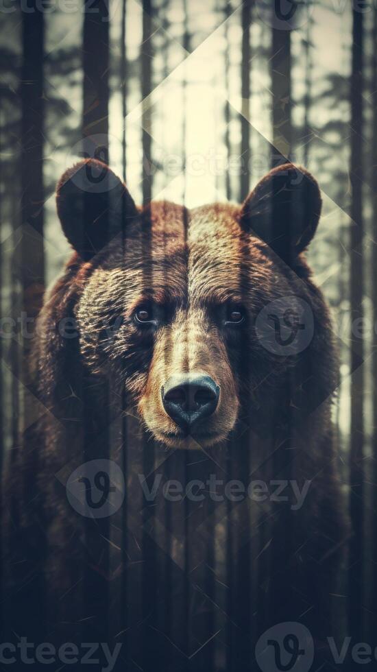 Portrait of a majestic face of a bear on the background of a forest. . photo