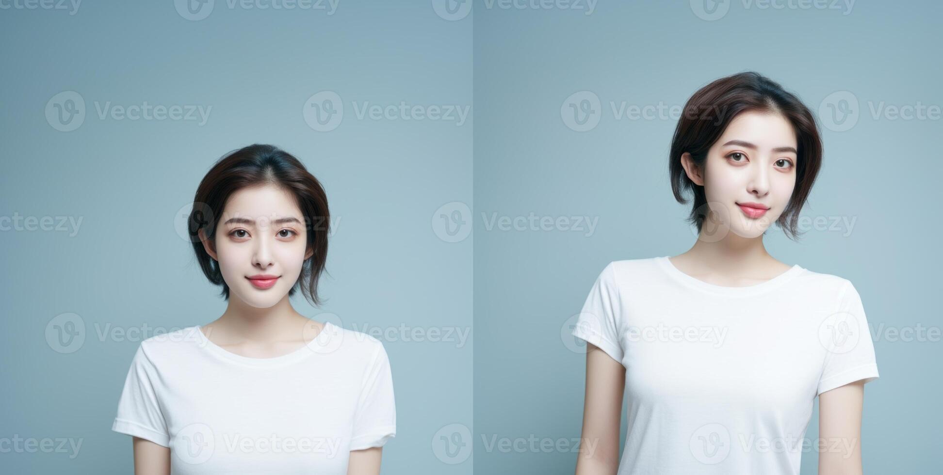 A girl in a plain white T-shirt. photo