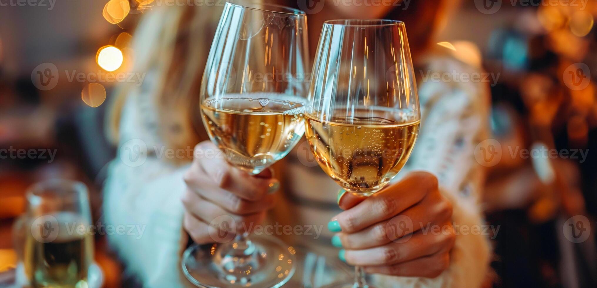 Celebration toast with champagne glasses against festive lights background photo