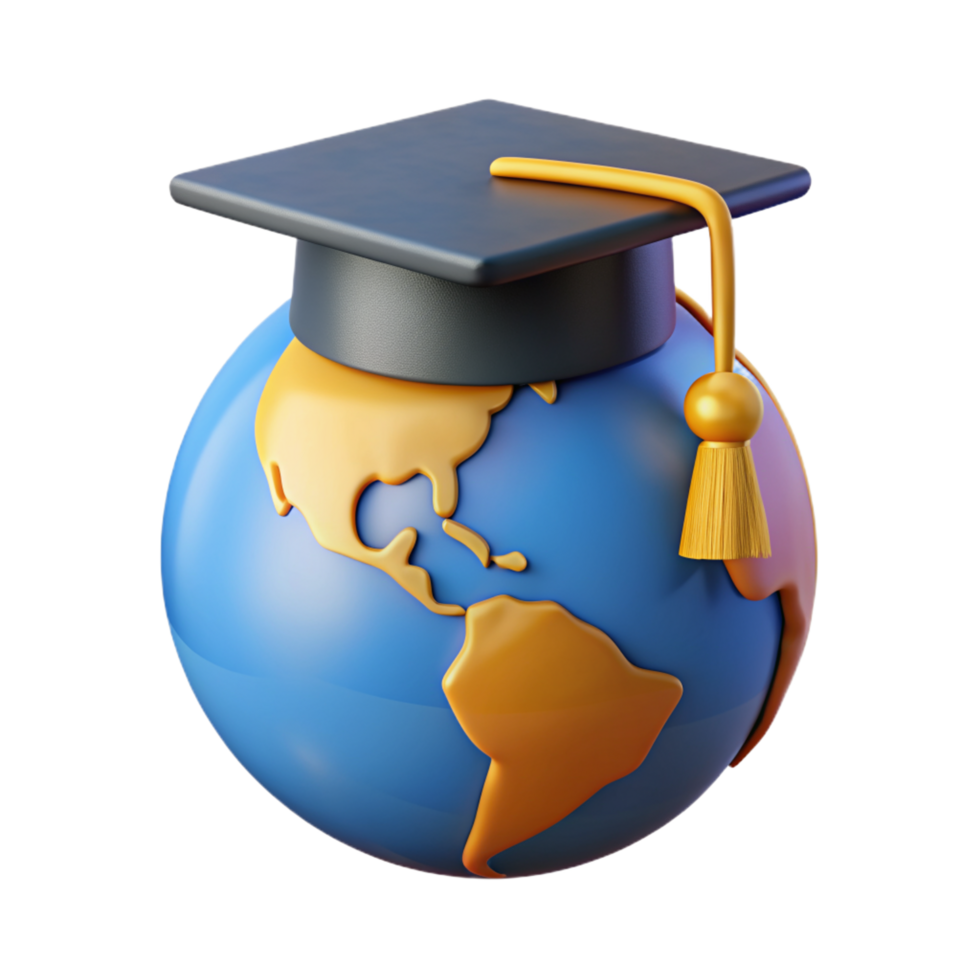 Globe World Map with Graduation Hat 3d Render png