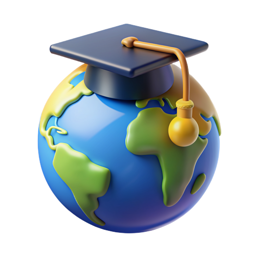 Globe World Map with Graduation Hat 3d Design png