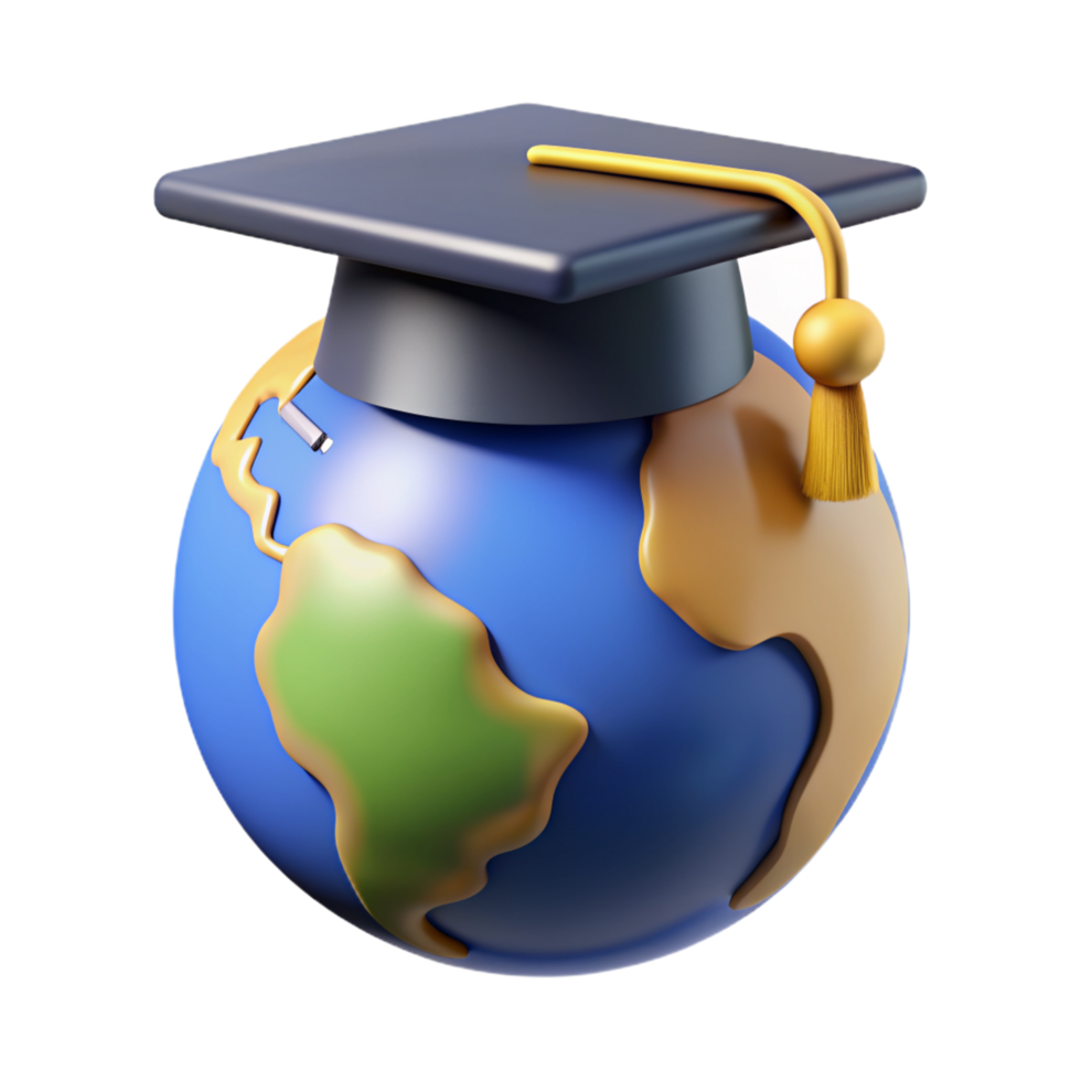 Globe World Map with Graduation Hat 3d Style png