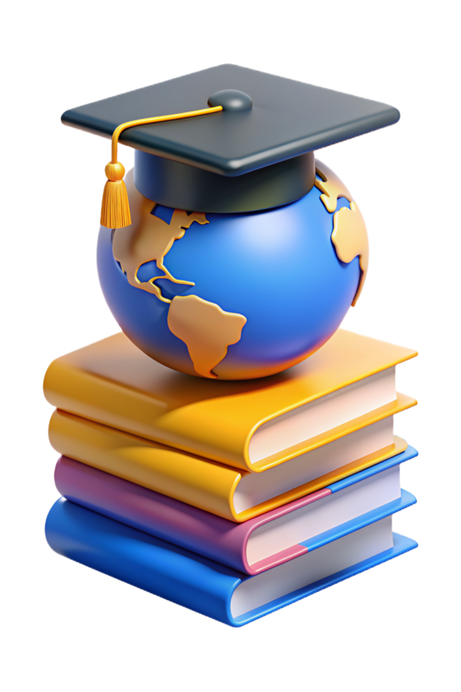 Globe World Map with Graduation Hat and Books 3d Style png