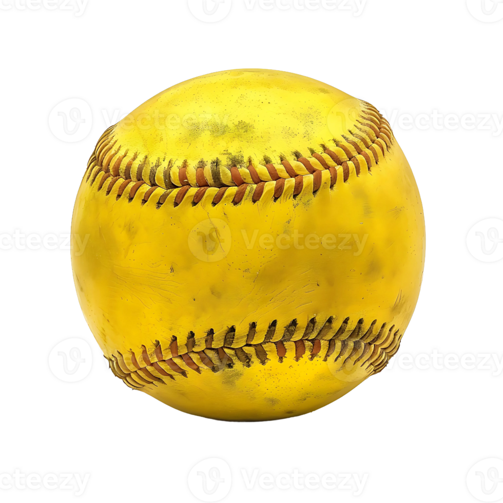 A worn yellow softball with red stitching, showing signs of dirt and use png