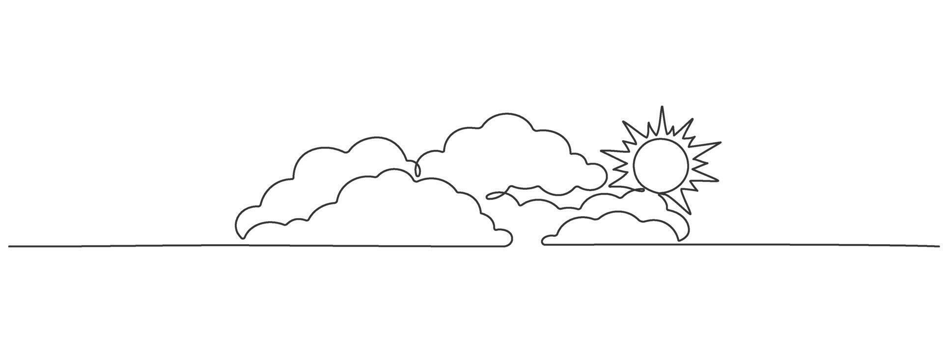 illustration of bright summer sun with clouds drawn with one continuous line. Sunny summer weather single line design. vector
