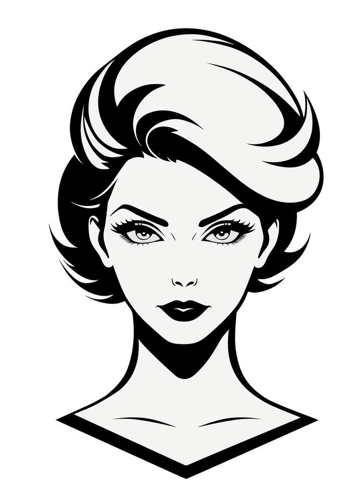 Pompadour bob with long side swept bangs and flipped hair at the back 1980s vector