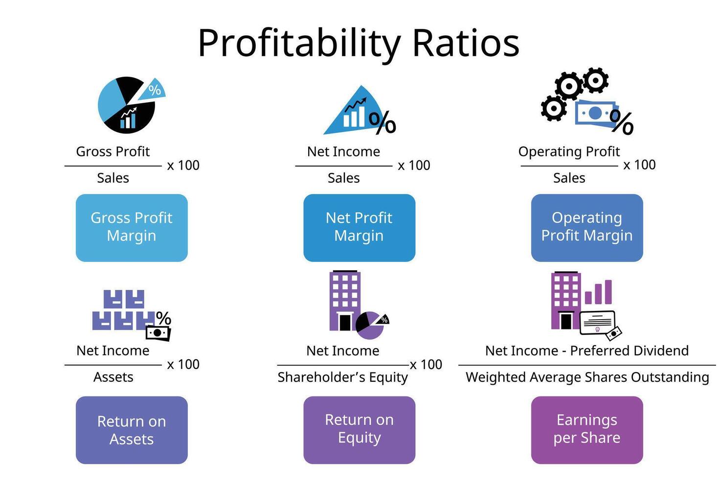Profitability Ratios Formula for gross profit margin, net profit margin, operating profit, roa, roe, eps vector